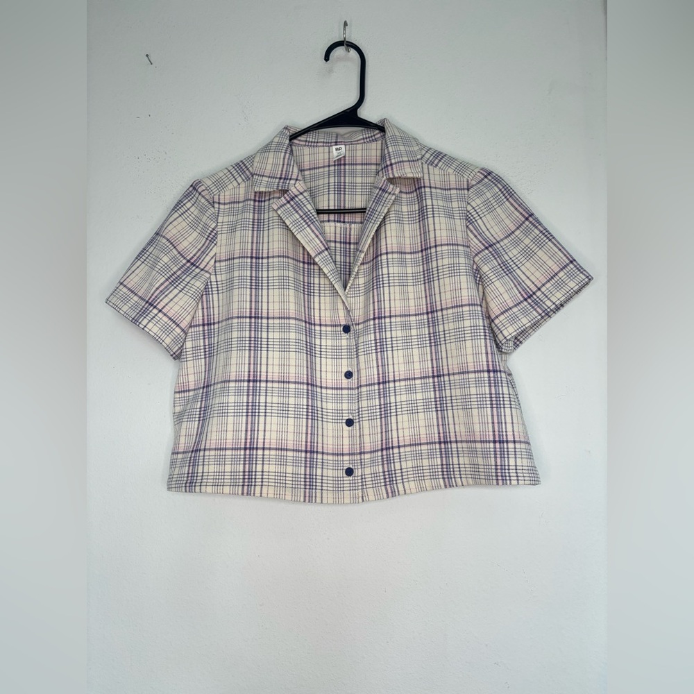 BP MUTED PURPLE CREAM PLAID BUTTON FRONT COLLARED BLOUSE SZ XS